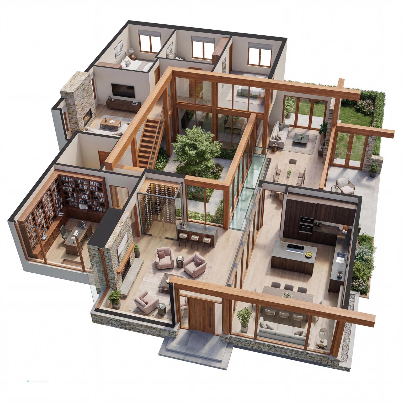 Cozy House Layout with Modern Design Elements with daylight and wood and a calm living room atmosphere.