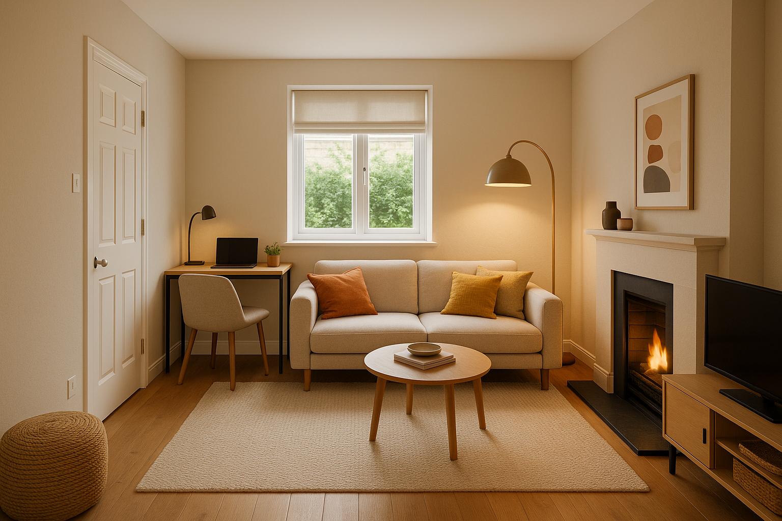 Home Office In Living Room Ideas with Work-from-home Zone and Soft Textiles with Natural Light showing work-from-home zone, soft textiles, natural light...