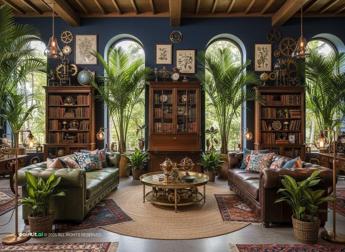 Tropical-style living room with arched windows, bookcases, two sitting areas and many potted palms
