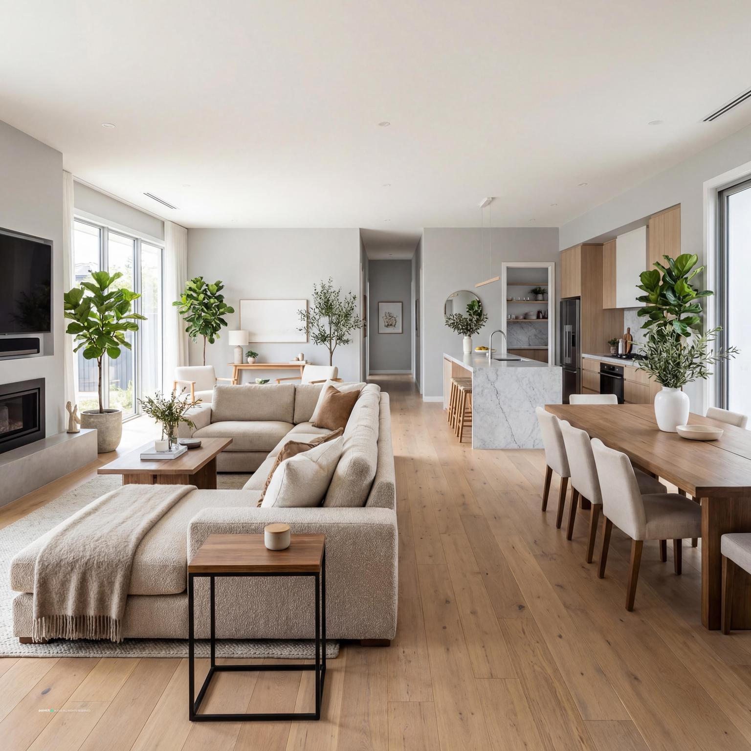 Modern open-plan barndominium living room interior design, seamlessly connecting spaces with industrial elements and natural light.