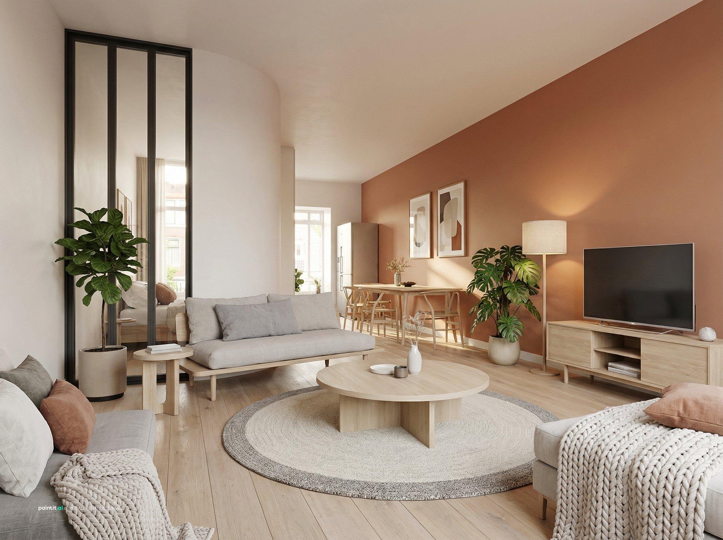 Scandinavian living room with a terracotta accent wall, a light gray sofa and a round wooden coffee table