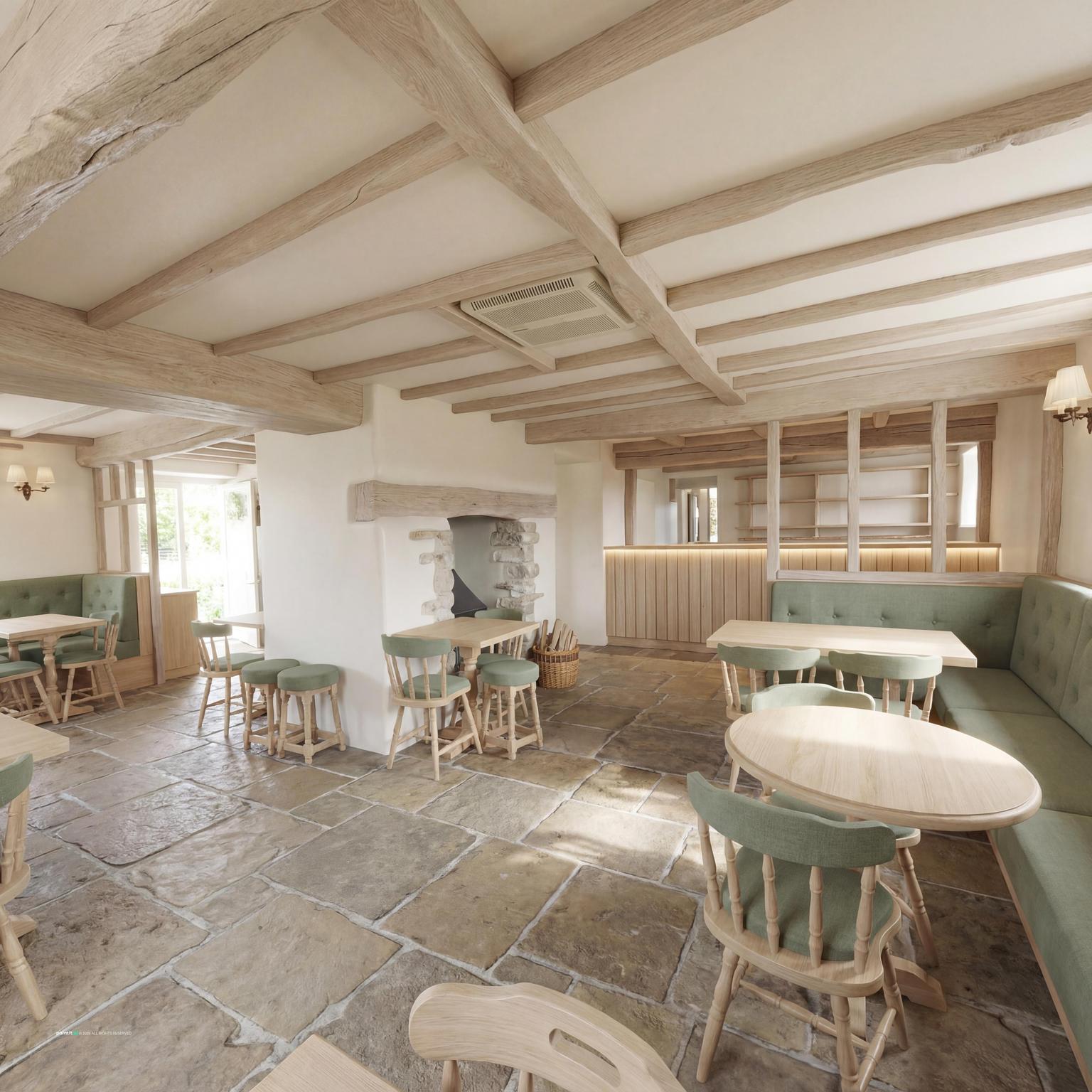 Rustic pub with flagstone floors, whitewashed beams and simple wooden tables and chairs