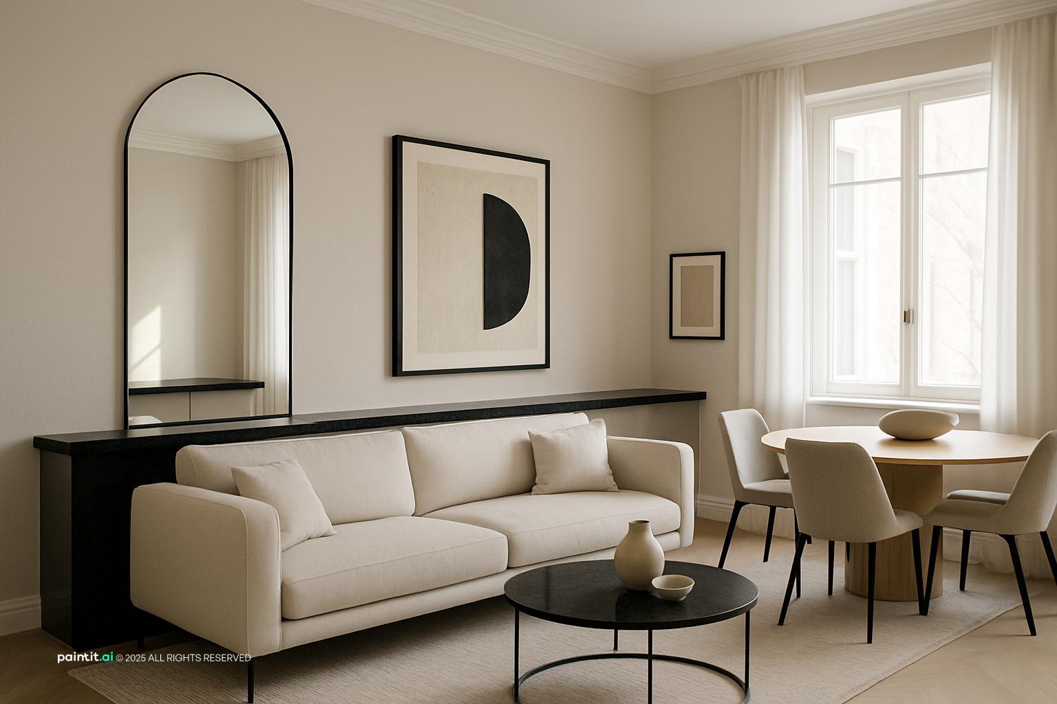 Black and Beige Living Room Ideas with Black Contrast and Beige Foundation with Layered Neutrals showing black contrast, beige foundation, layered neutr...