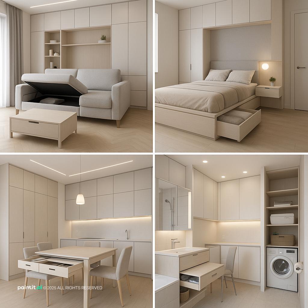 Contemporary log cabin living room design with smart storage, emphasizing clean lines and neutral colors.