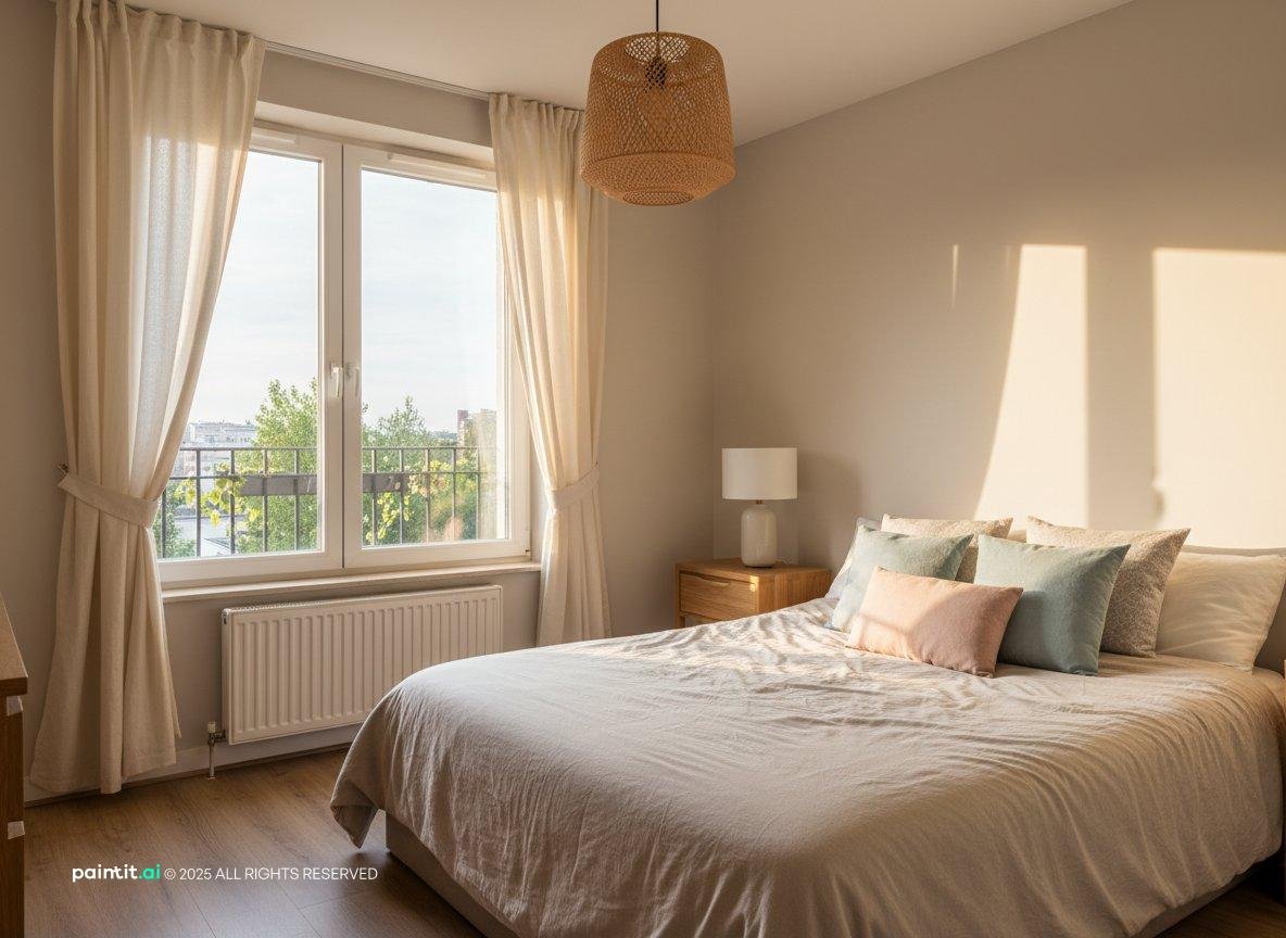 Cozy second bedroom with a double bed, linen curtains, a bedside lamp and a rattan pendant