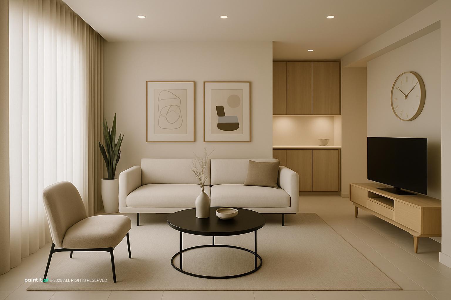 Small contemporary living room with a pale sofa, a round black coffee table, a TV unit and a wall clock