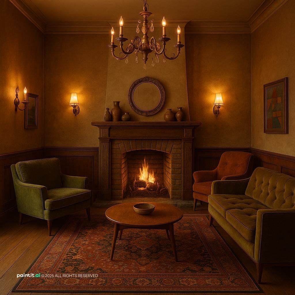 Vintage living room with a fireplace, green armchair, earthy tones and warm sconces