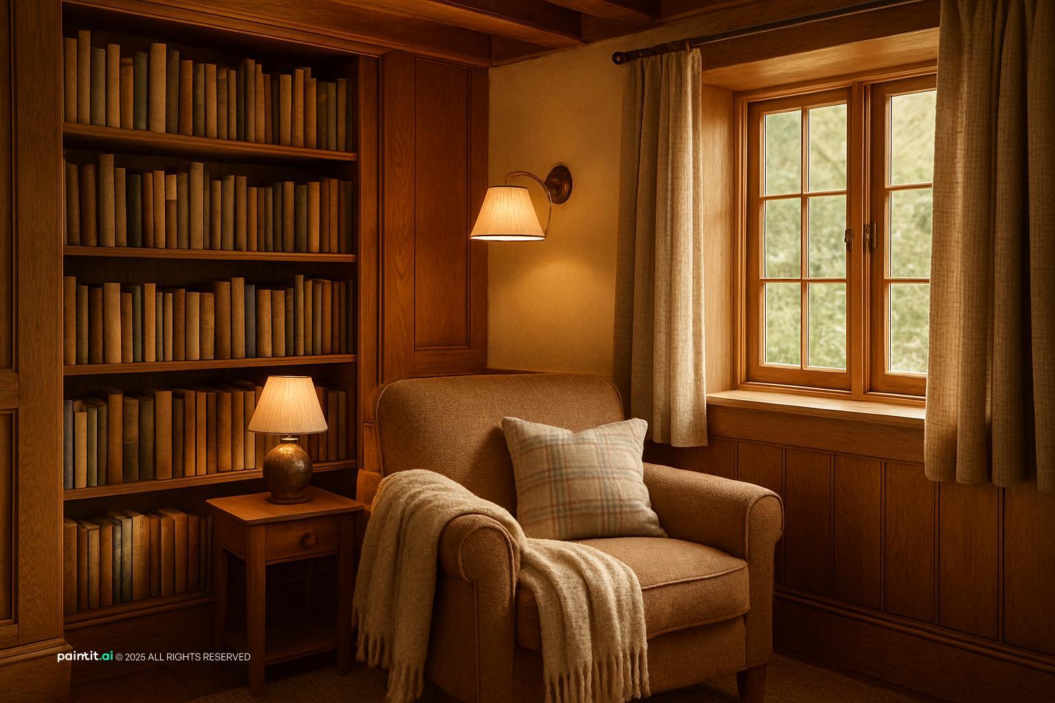 Cottage reading room with warm wood paneling, a tall bookshelf, an armchair with a throw and a window