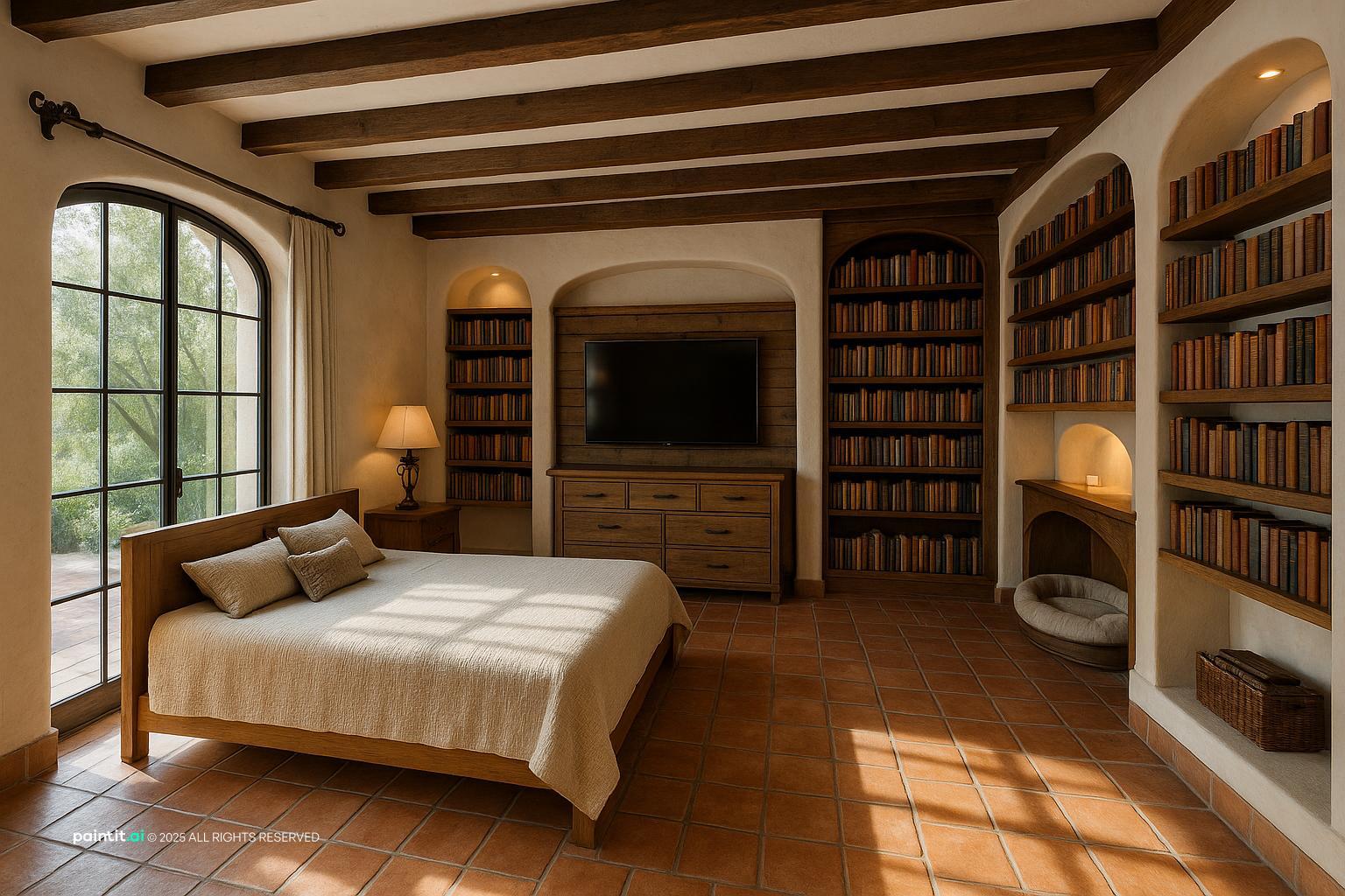 New Mexico Southwestern interior with adobe terracotta turquoise textiles and exposed beams 4