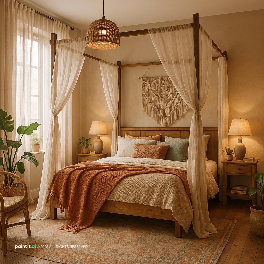 Boho-Chic Bedroom with Patterned Rugs for Bohemian Style Interior Design Characteristics