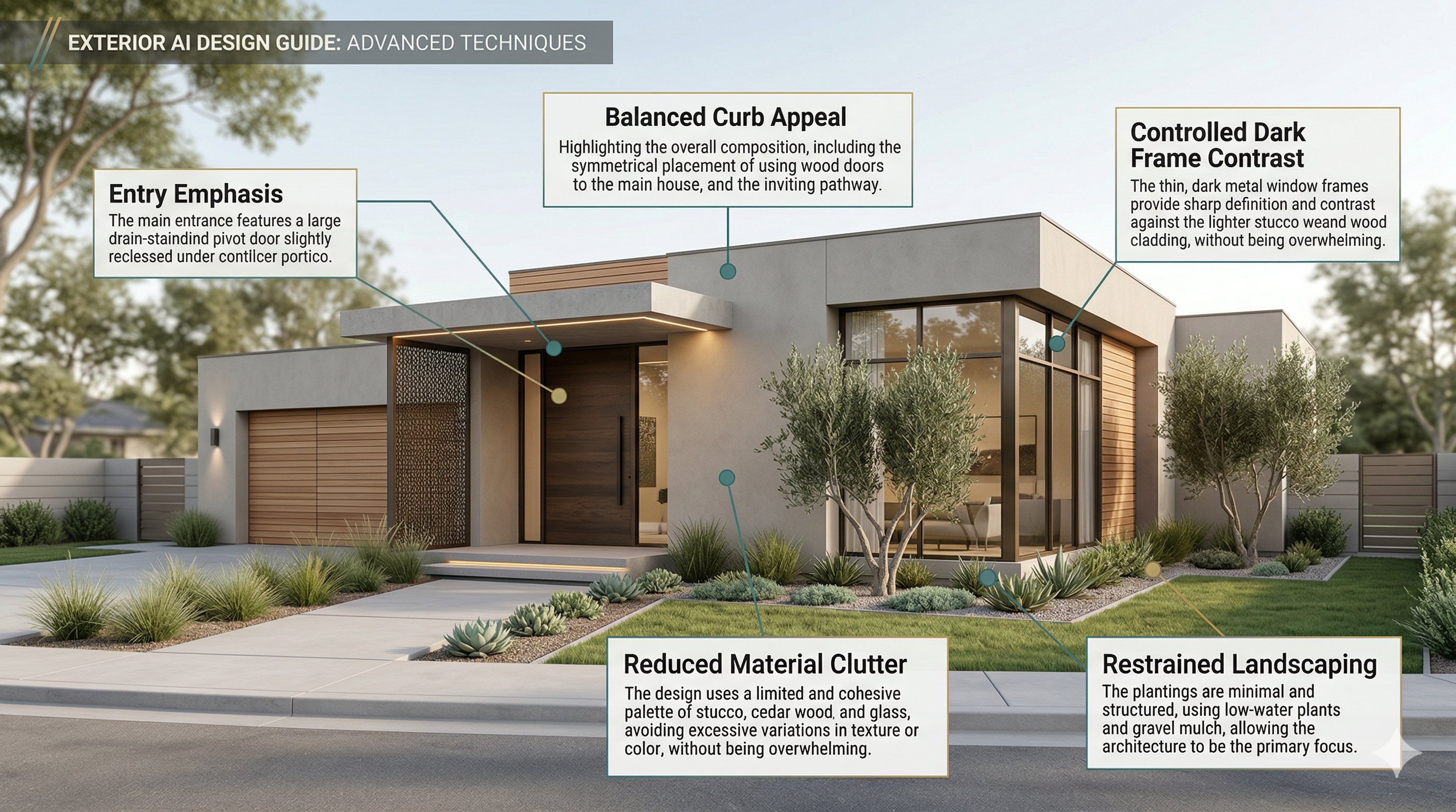 Advanced exterior design techniques shown in a clean tutorial visual