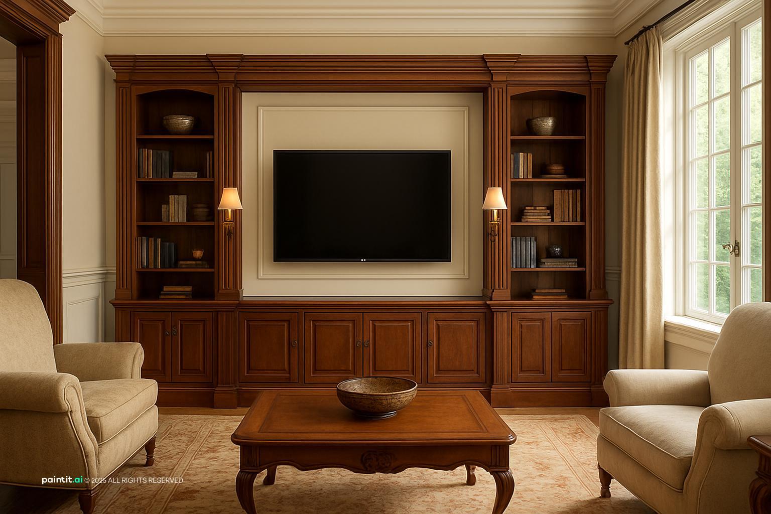 Luxury Classic Living Room Design with shelving and daylight and a calm living room atmosphere.