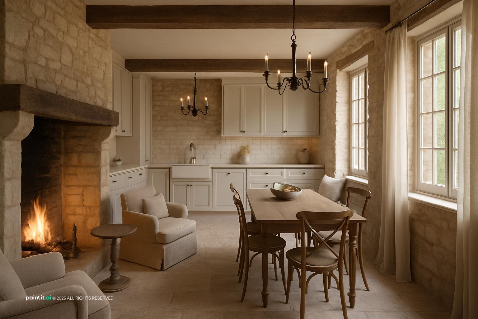 Napa Valley style interior with oak stone linen and warm wine country materials 10
