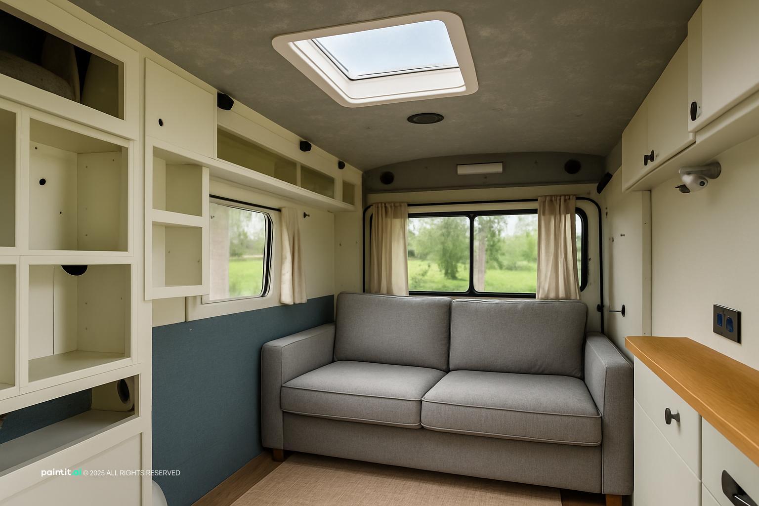 Light camper van interior with a gray sofa, a skylight and built-in storage