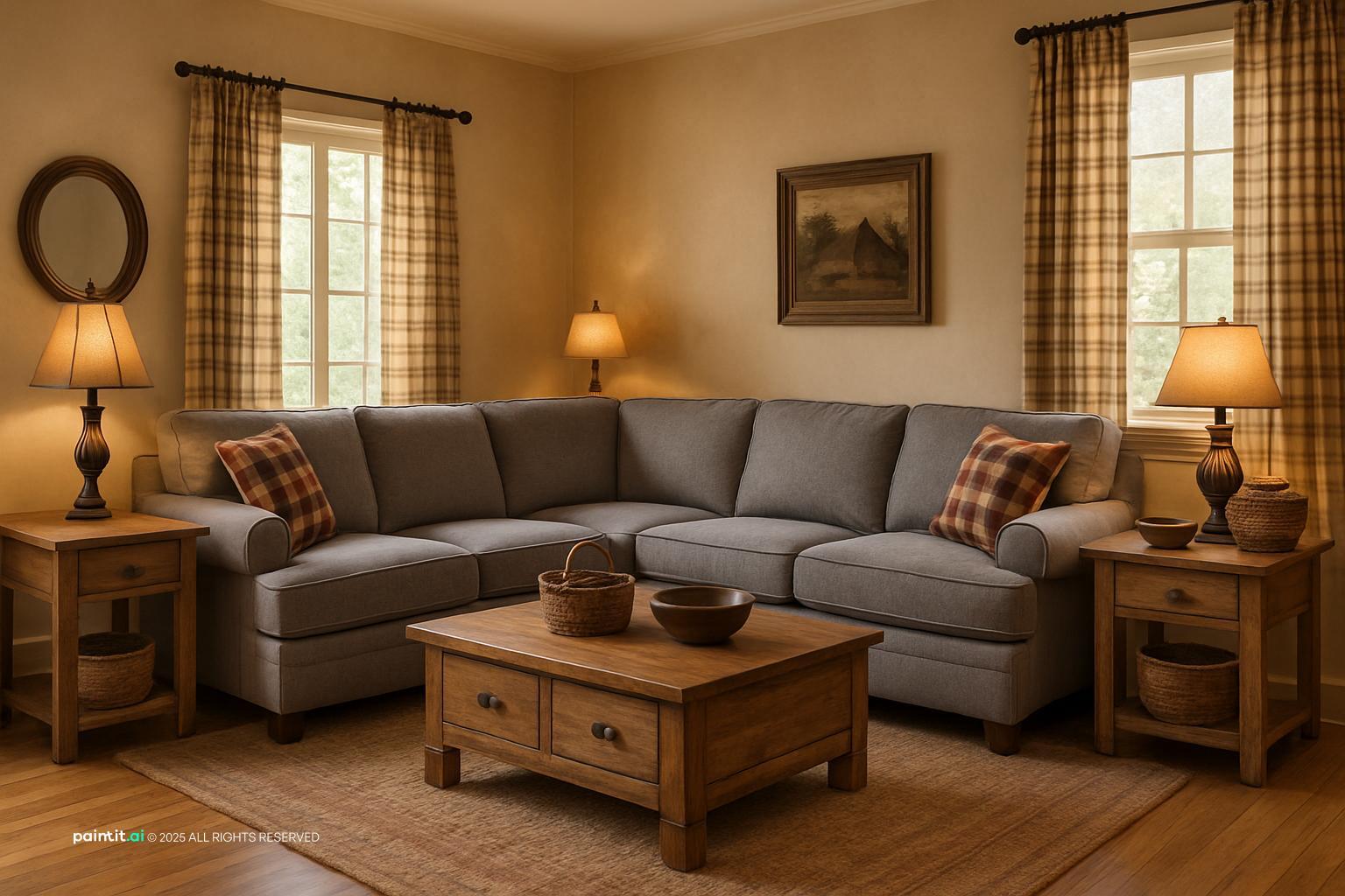Grey sectional with plaid cushions, a wooden chest coffee table, warm walls and table lamps