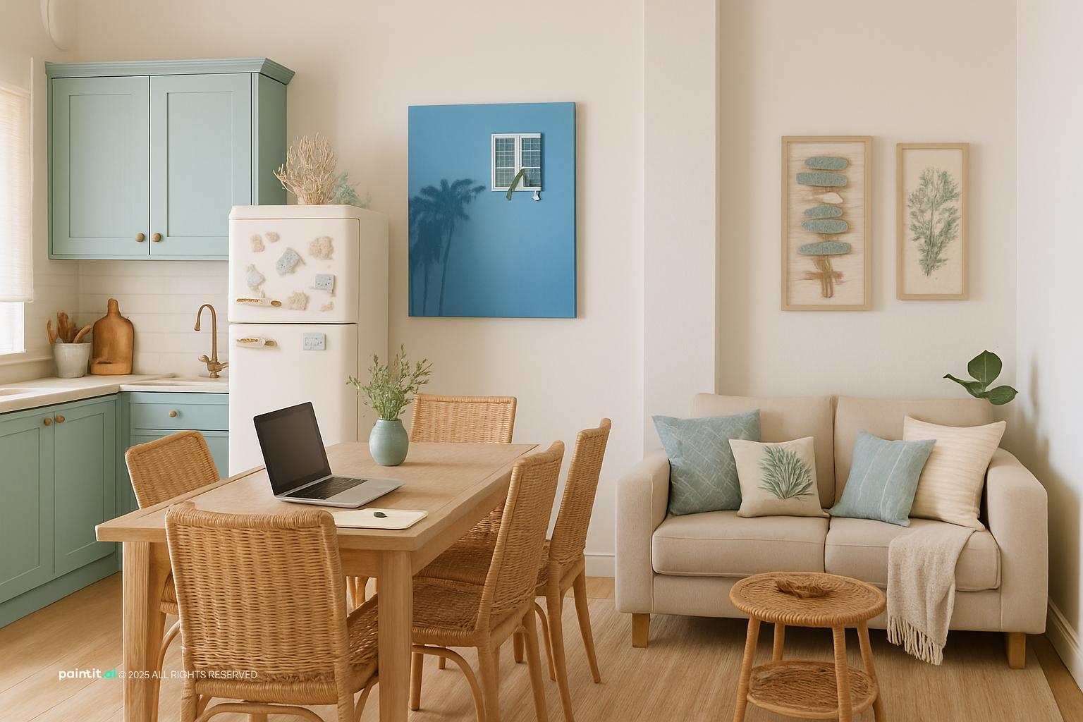 Old Florida coastal interior with rattan wicker seafoam coral beadboard and tropical vintage details 1