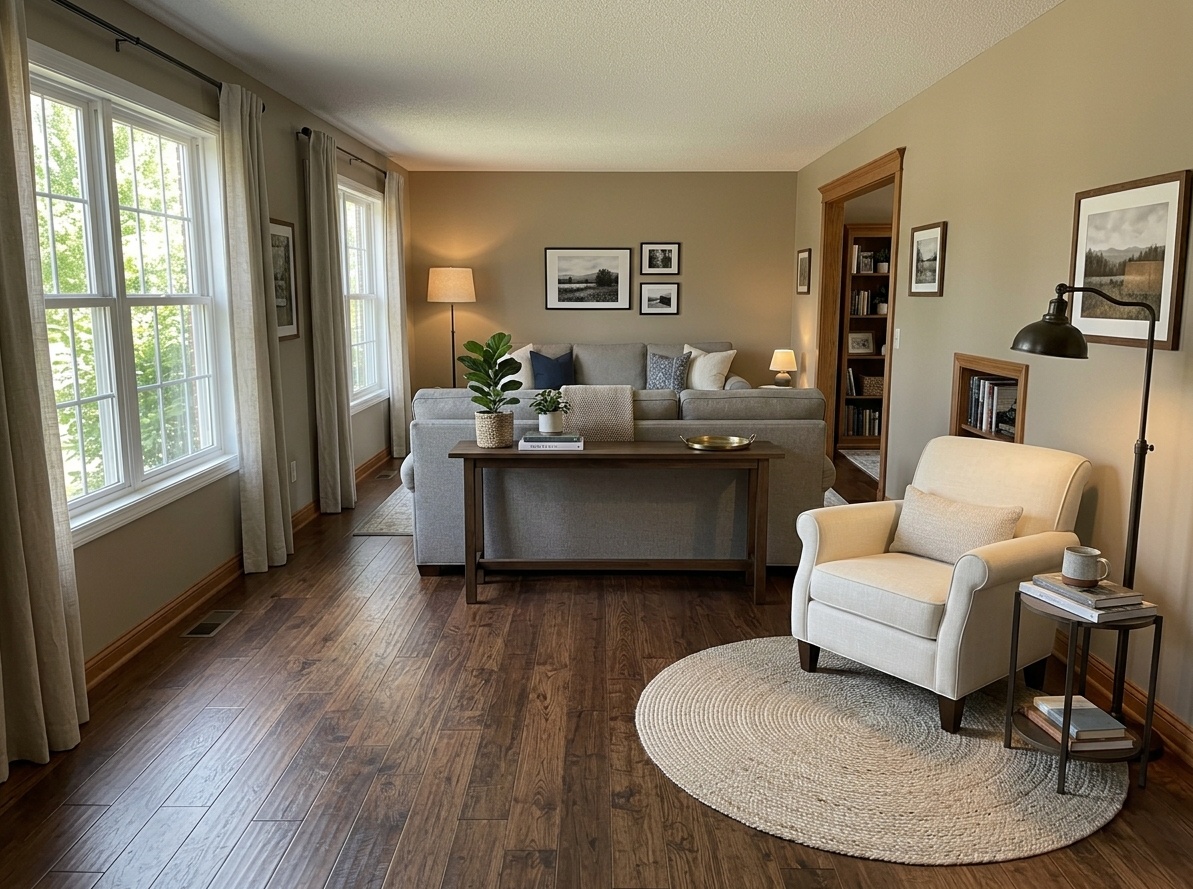 Long narrow living room split into two zones with floating sofa and console table divider in foreground, reading nook with armchair in background