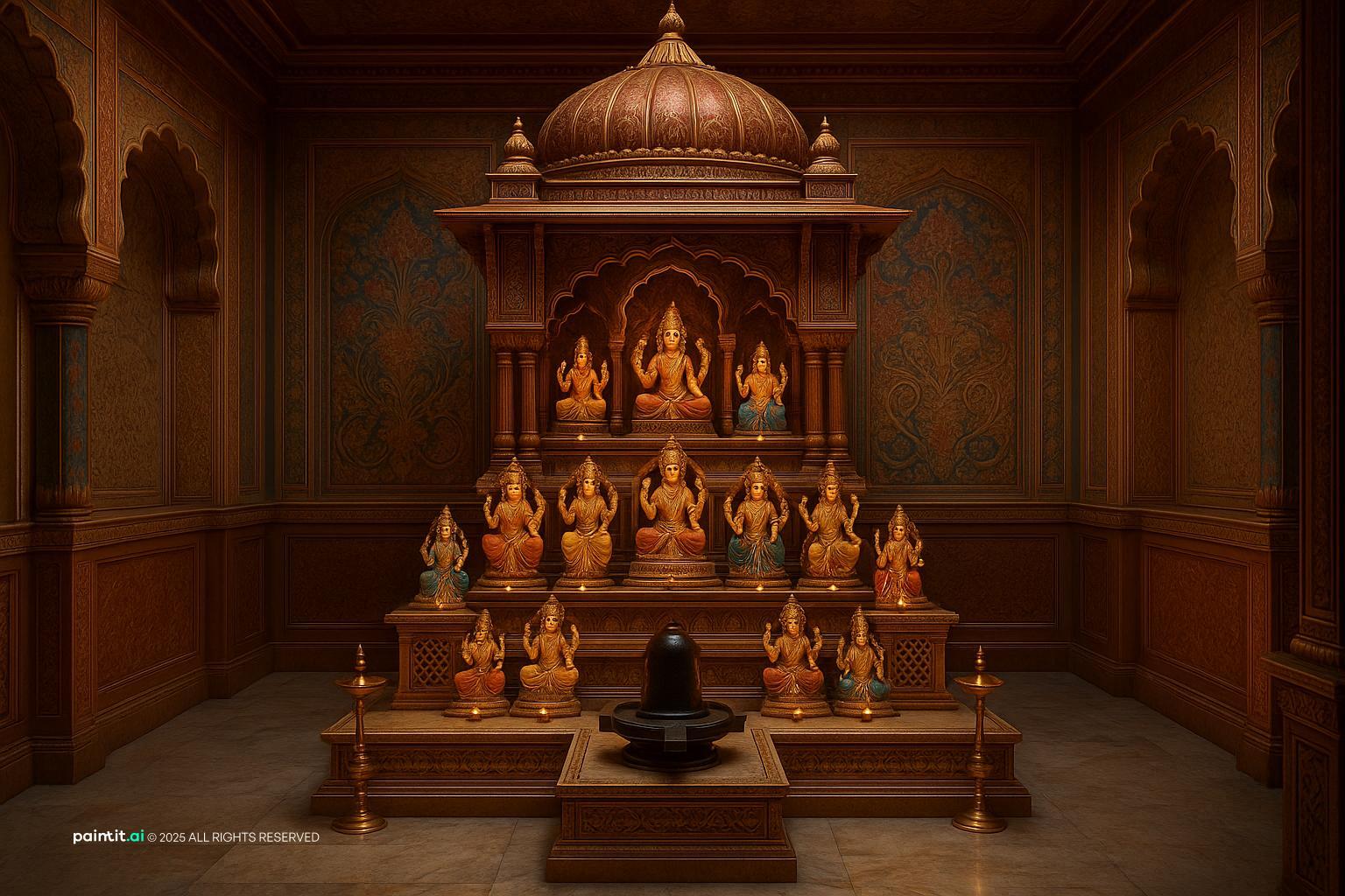 Pooja Room with stylish furniture and LED lighting