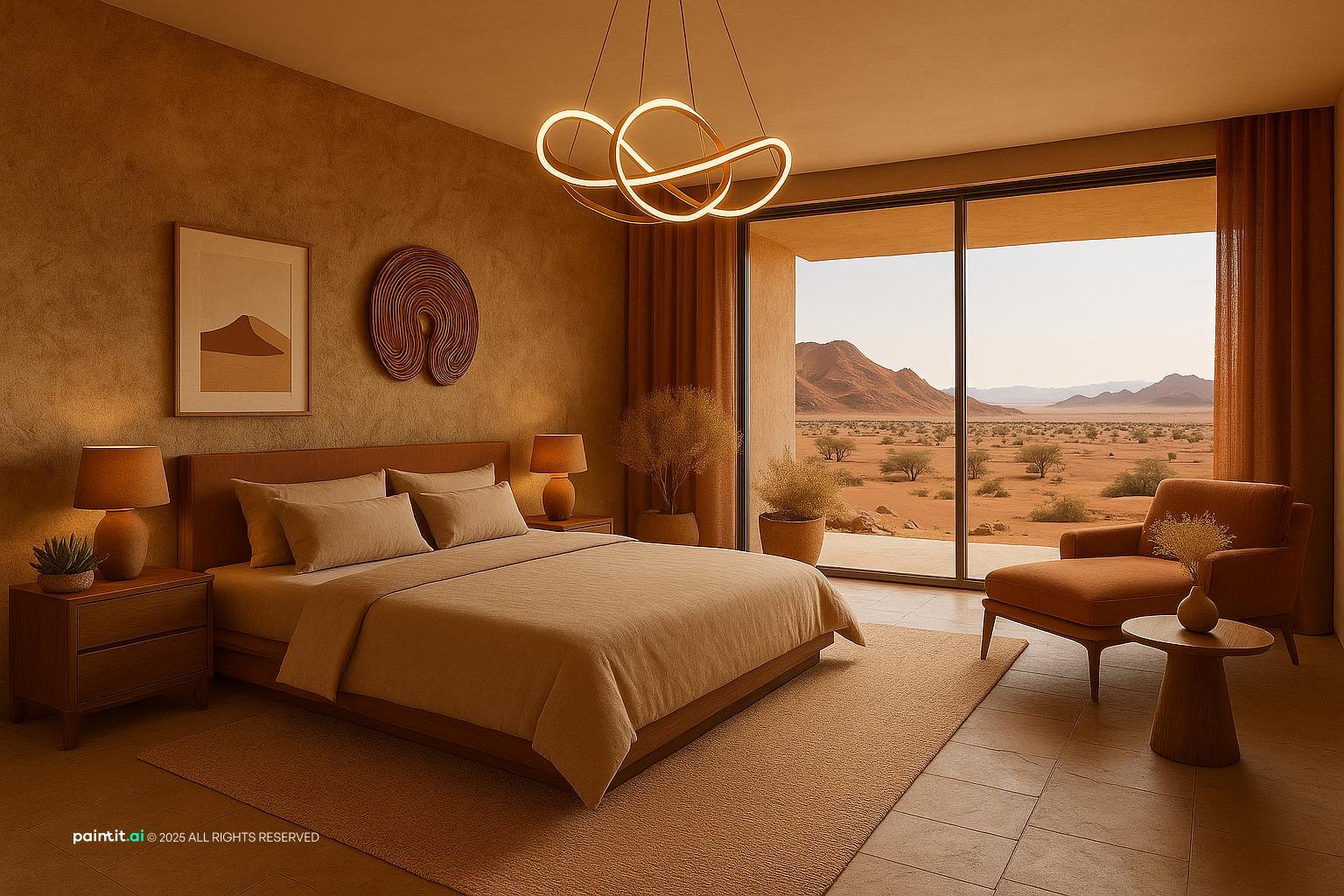 Hotel room in sand and terracotta tones with a low bed, a ribbon chandelier and a full-height window onto the desert
