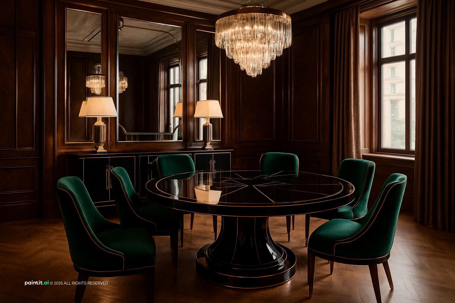 Art Deco dining room with dark wood paneling, a round black table, green velvet chairs and a crystal chandelier