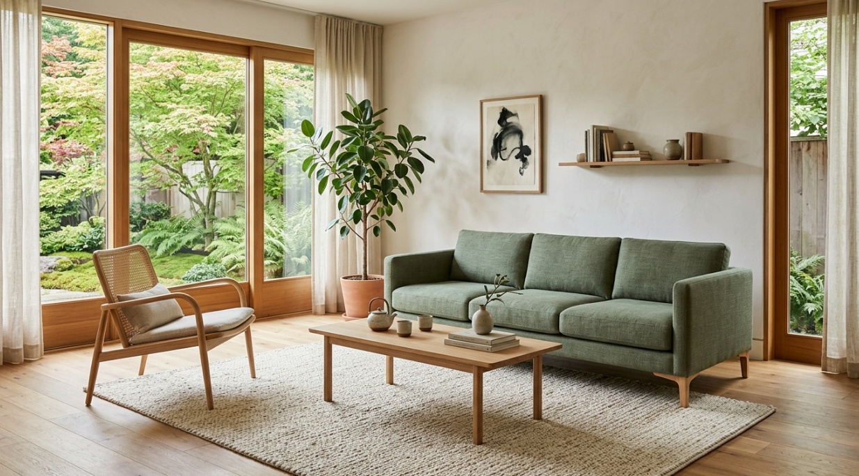 Zen-inspired living room with a standard-height sofa, slim legs, and open floor space