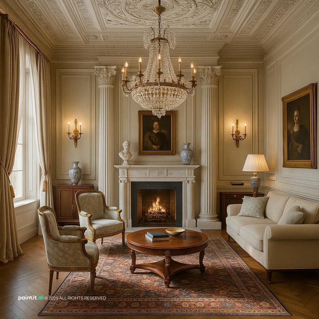 Elegant Neoclassic long living room design, featuring refined architectural details, classic furniture, and balanced layouts for grandeur.