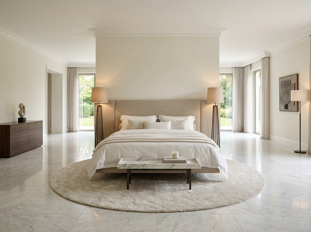 Luxurious master bedroom with king bed floating as an island  in the room center with clear walking space on all four sides