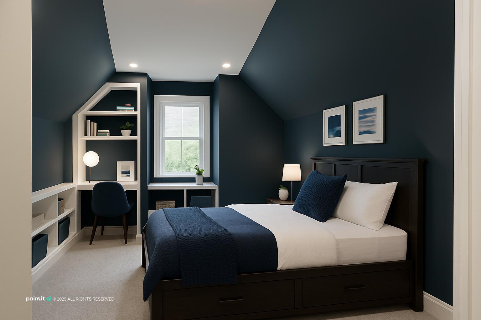 Bedroom with navy walls, white trim, white bedding with a navy throw and framed prints