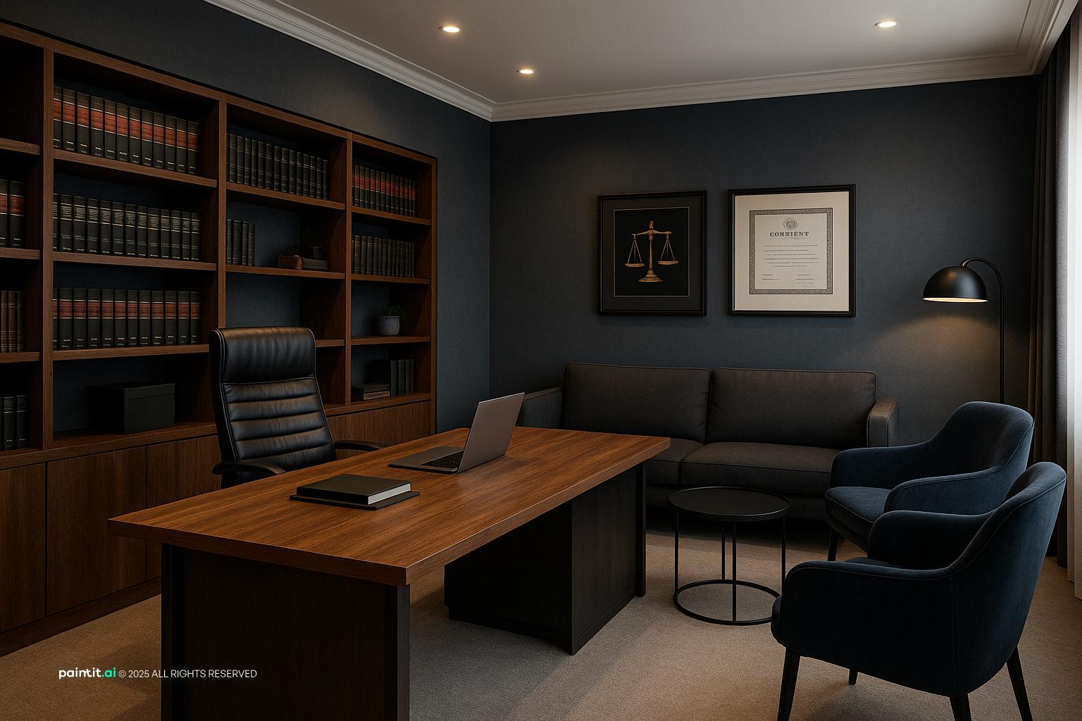 Professional advocate chamber with wooden desk and client seating