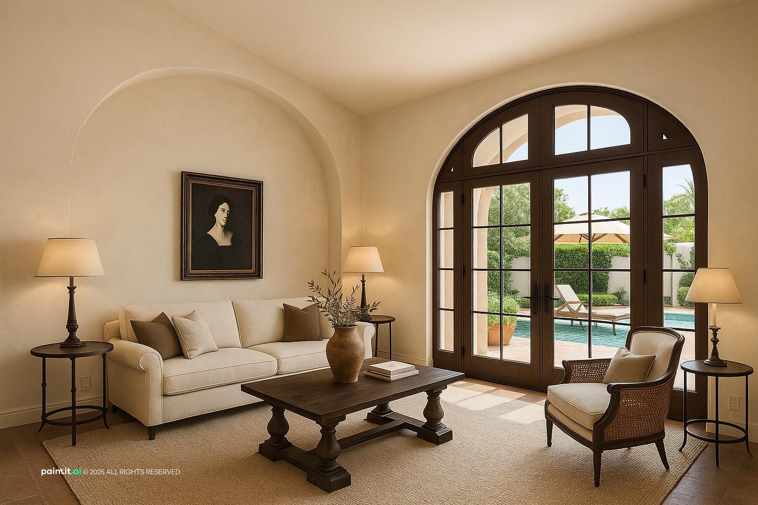 California Mission style interior with arched floor-to-ceiling doors, white plaster walls and dark wood furniture
