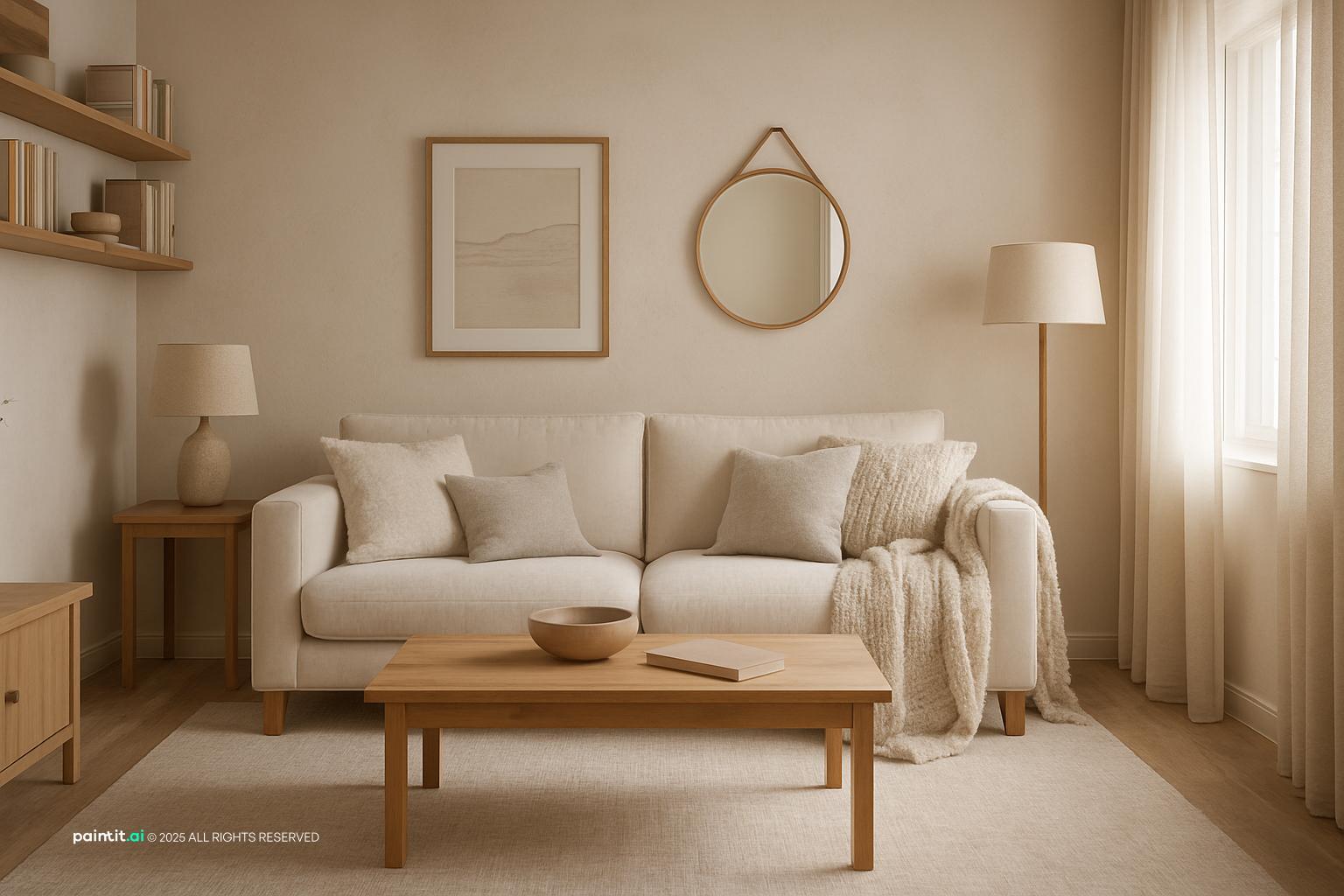 Cozy and simplistic living room with neutral palette and wooden shelves, perfect for wine living room ideas.