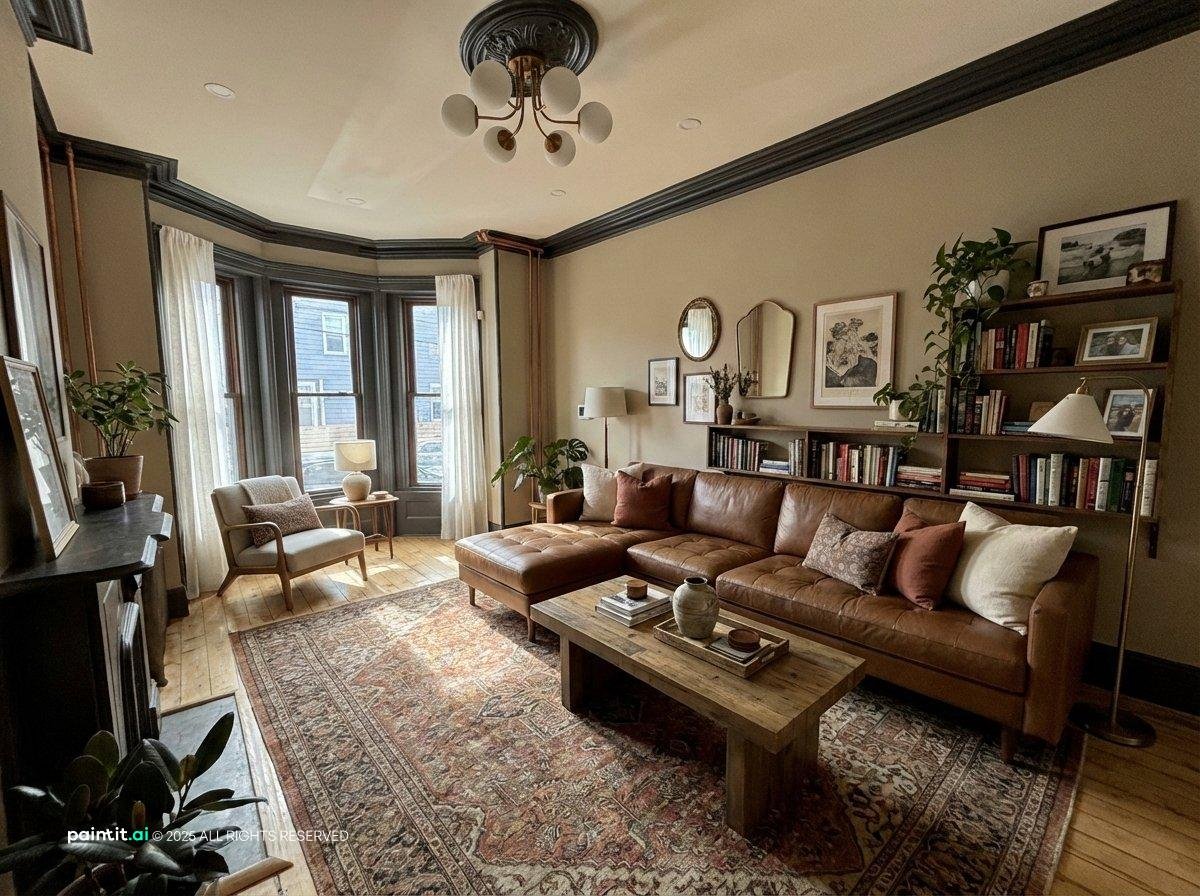 Living room with a brown leather sectional, bookshelves and a Persian rug
