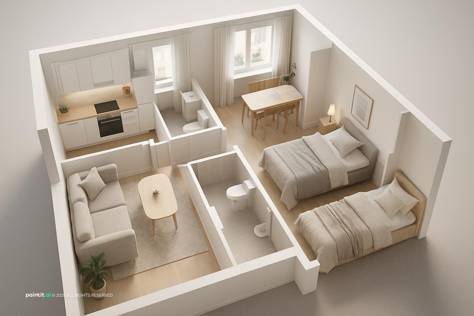 Scandinavian apartment visualization with connected storage and living zones