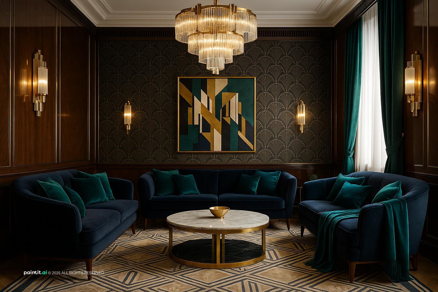 Art Deco living room with a gold fan-motif artwork, navy velvet sofas, a round glass table and a chandelier