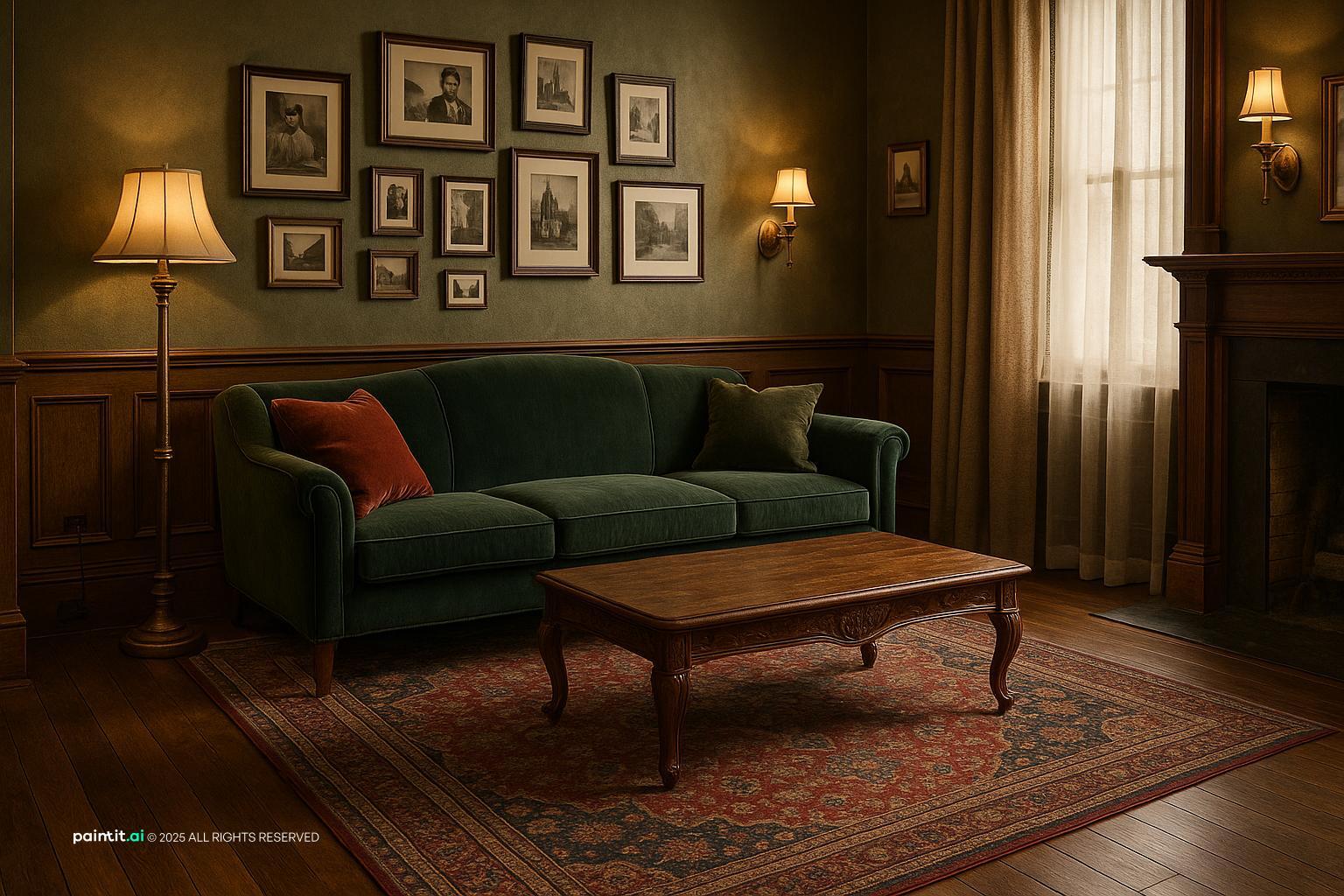 Vintage 1920s living room with a green velvet sofa, a wall of framed pictures, table lamps and a wooden coffee table