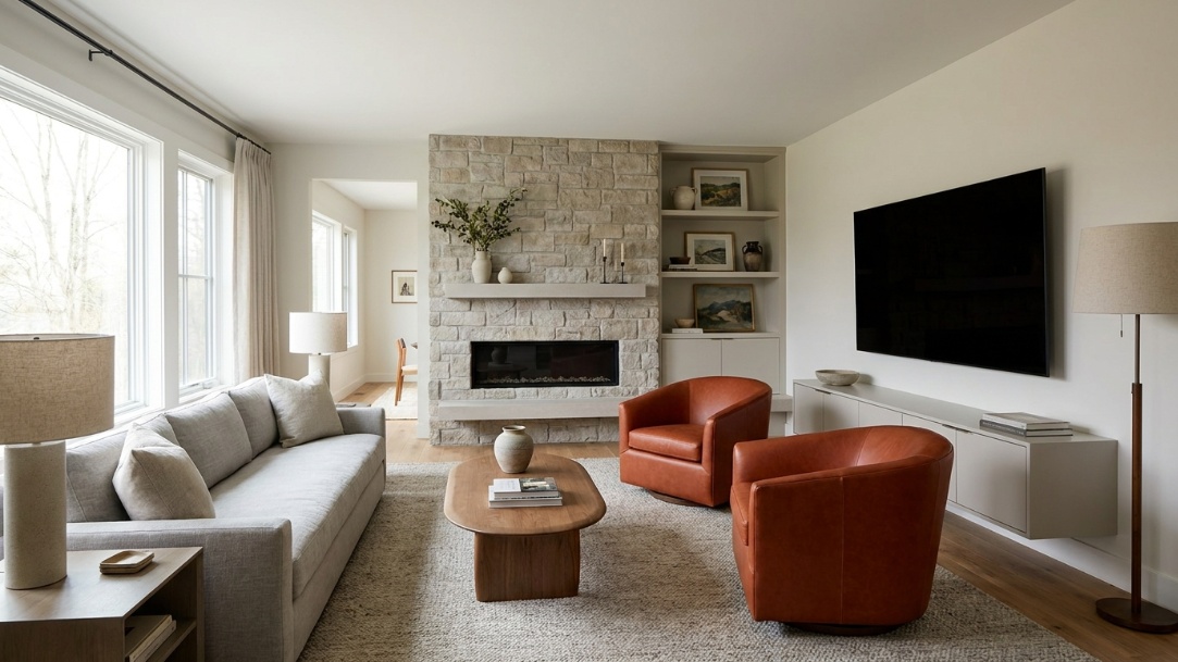 Living room with a fireplace and TV on adjacent walls, a TV-facing sofa, and swivel chairs that serve both focal points.