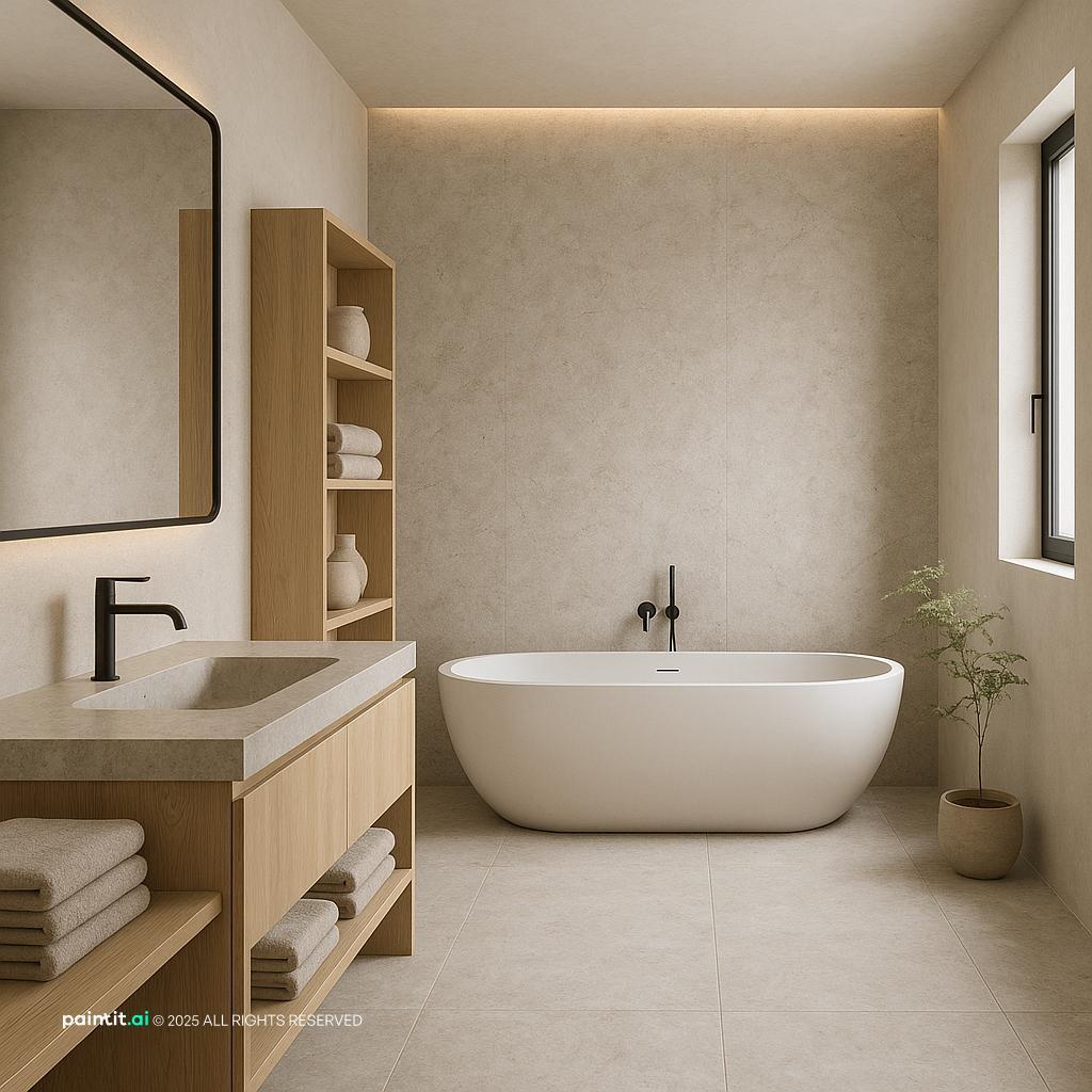 Elegant Japandi Bathroom Design in Stone Palette for Muji Style Interior Design