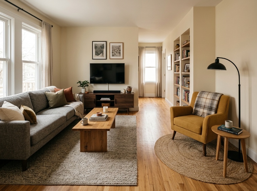 Long narrow living room divided into two zones — main sofa seating area and a cozy reading nook with armchair, each anchored by a separate rug