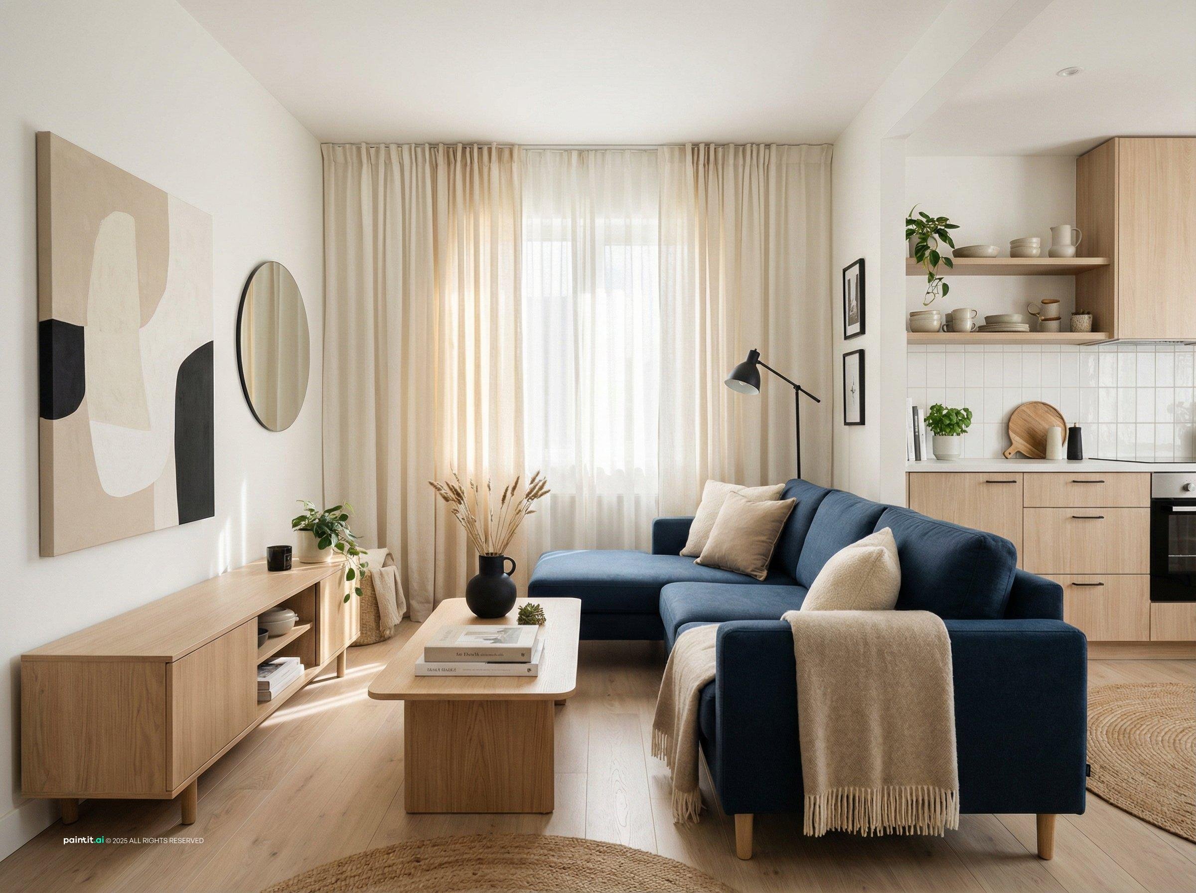 Small condo living room with a navy sofa, a large abstract canvas, a round mirror and open shelving