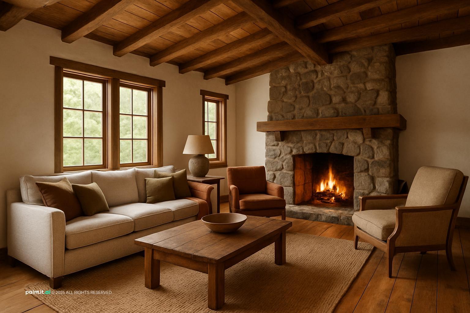Rustic cottage living room with a stone fireplace, timber ceiling beams and cream sofas