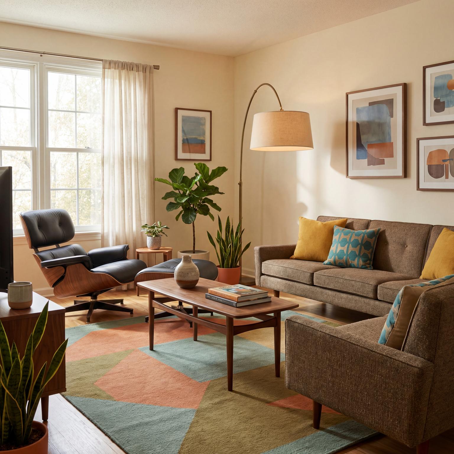 Discover inspiring navy blue and burnt orange living room ideas, featuring elegant Mid-Century Modern furniture and sophisticated accents.