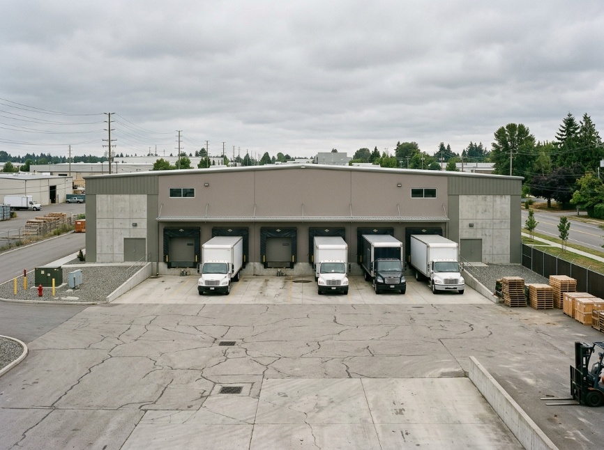 Industrial warehouse facade in taupe and olive gray earth tones near a loading dock.