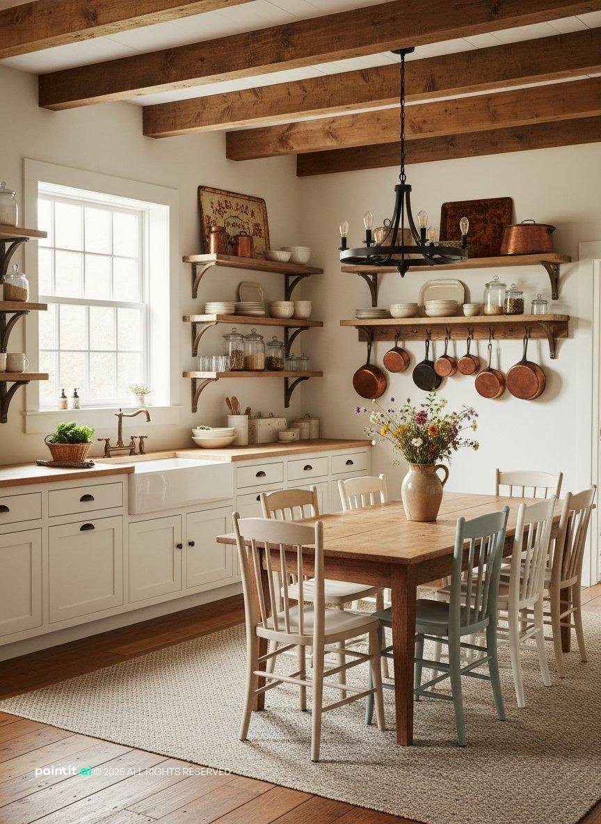 Rustic farmhouse kitchen with open shelving, wooden beams, a wooden table and vintage decor