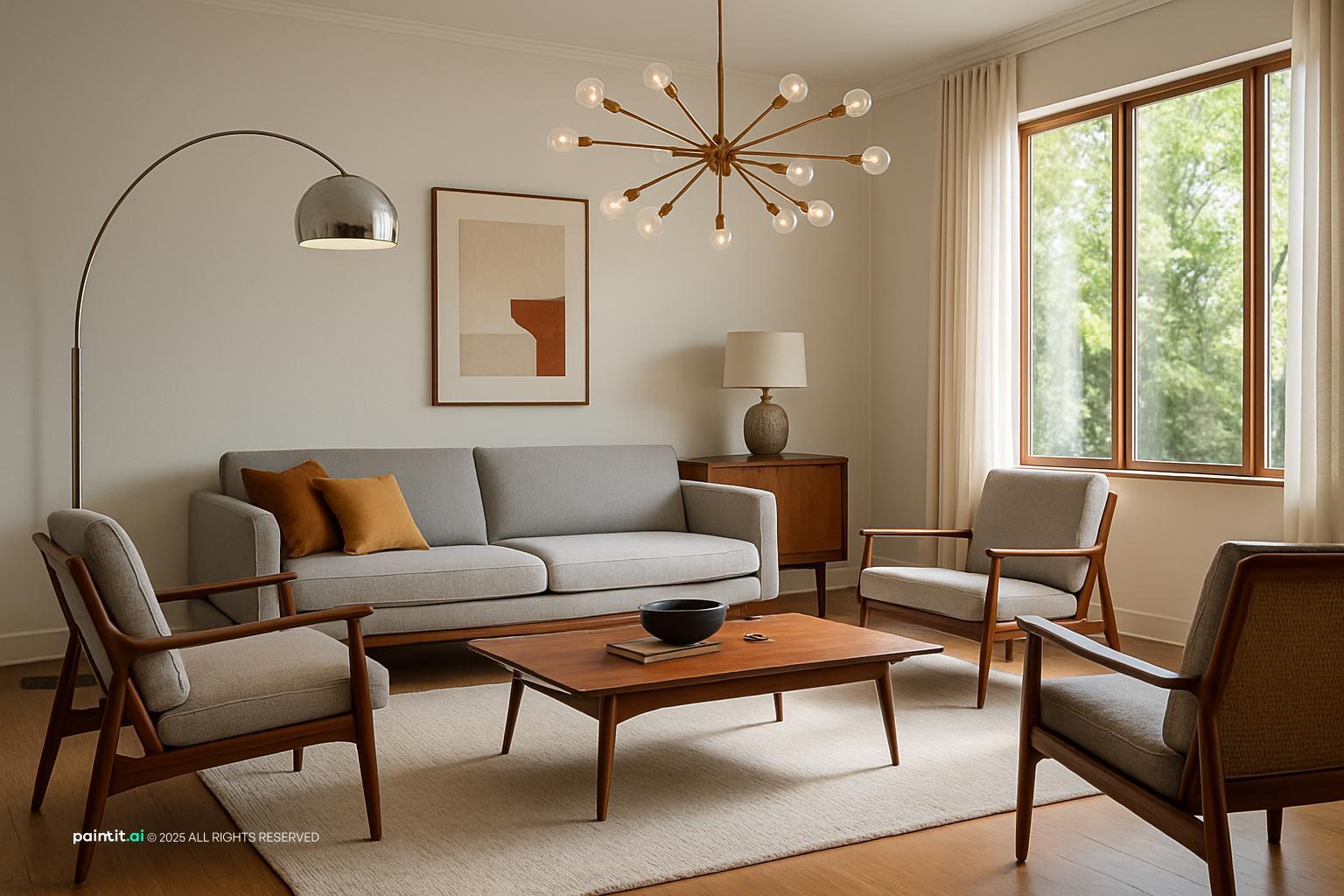 Mid century living room with a grey sofa, teak armchairs and a sputnik chandelier