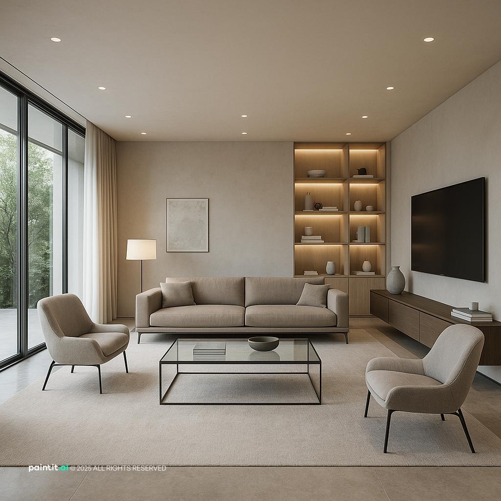 Ultra-Modern Living Room Design Inspiration showing TV wall focus, metal accents, layered neutrals for Living Room Tv Wall Ideas.