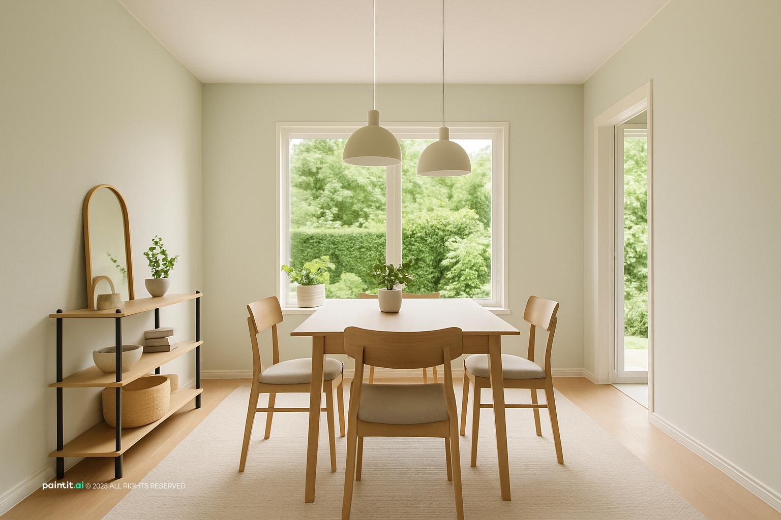 Bright dining room with a pale wood table and chairs, open shelving and large windows
