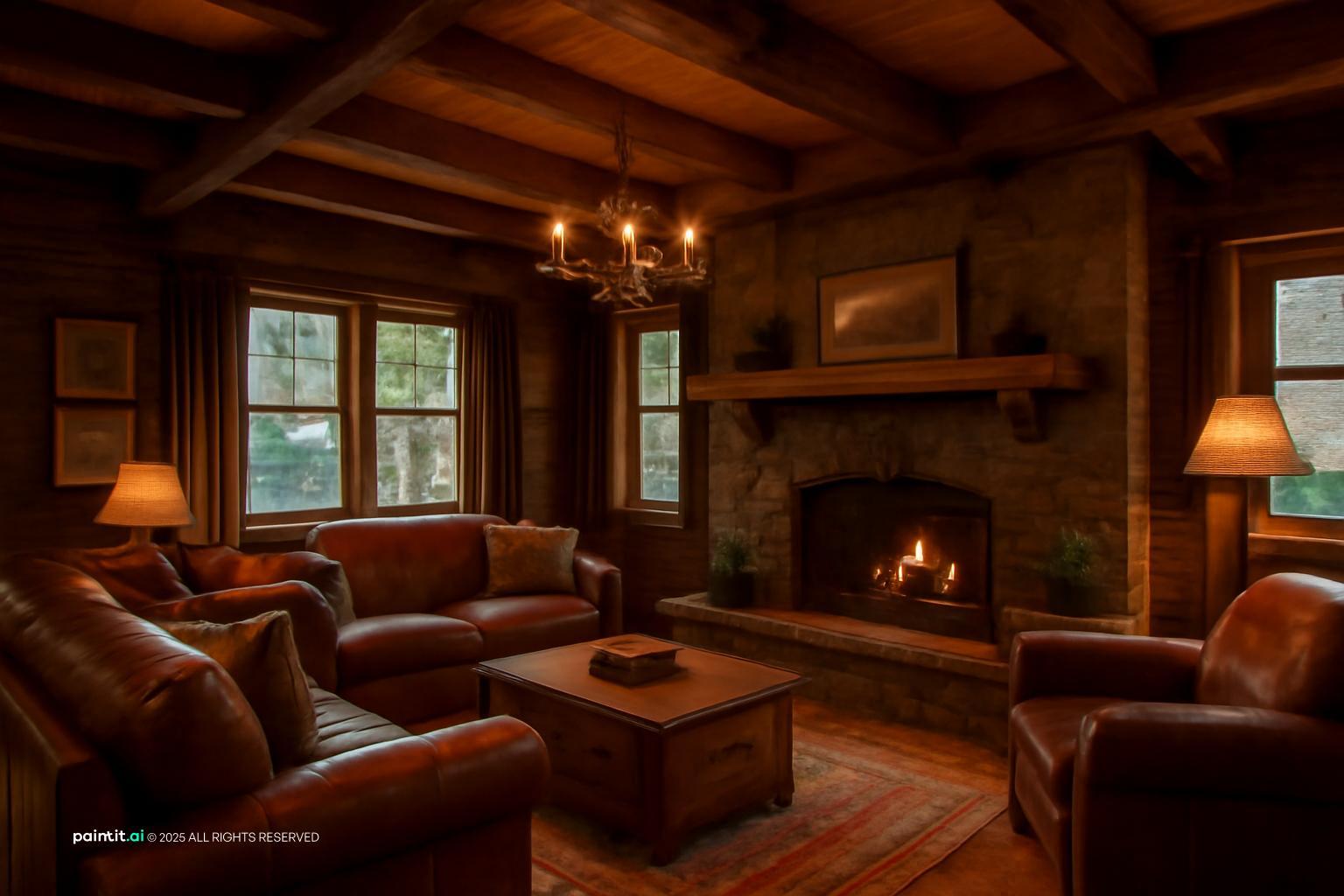 Earthy living room with brown leather sofas, a stone fireplace and timber ceiling