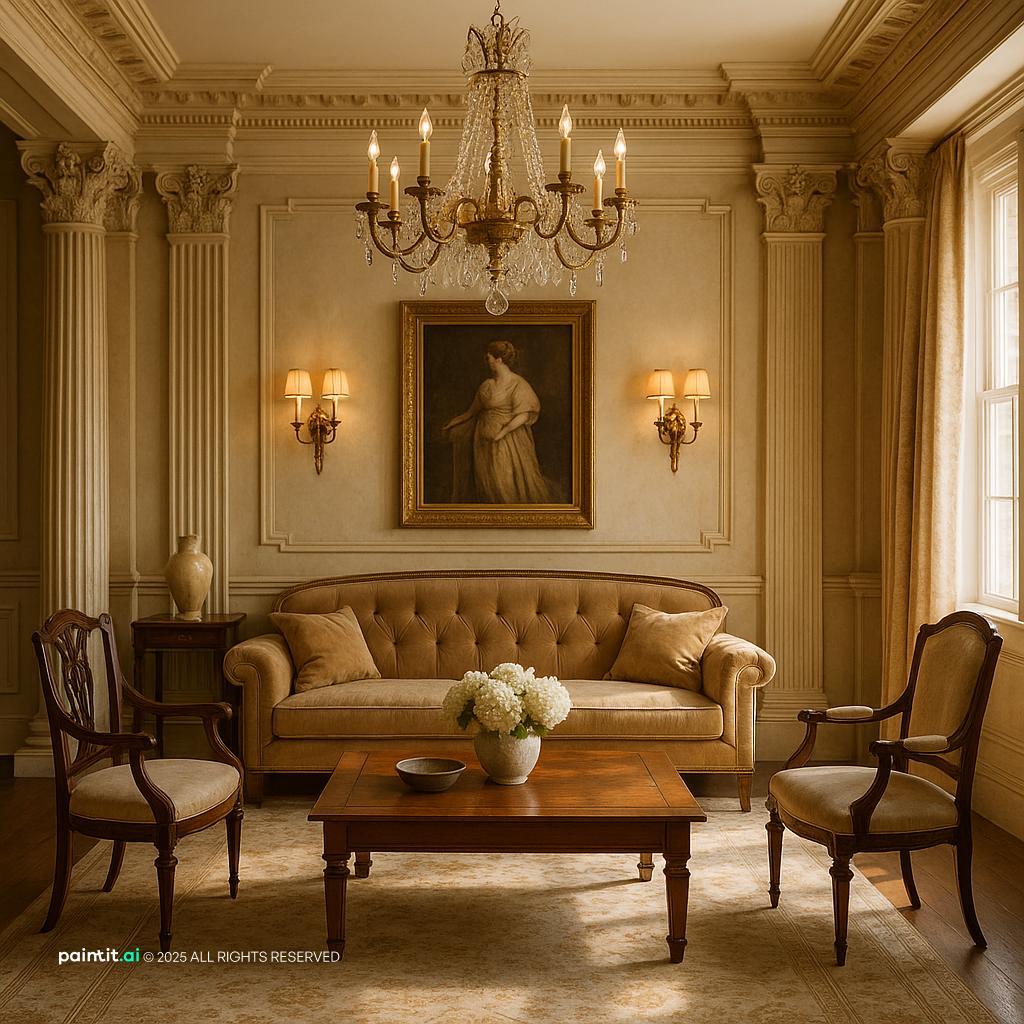 Neoclassic living room with warm beige walls, gilt-framed art, a tufted sofa and a crystal chandelier