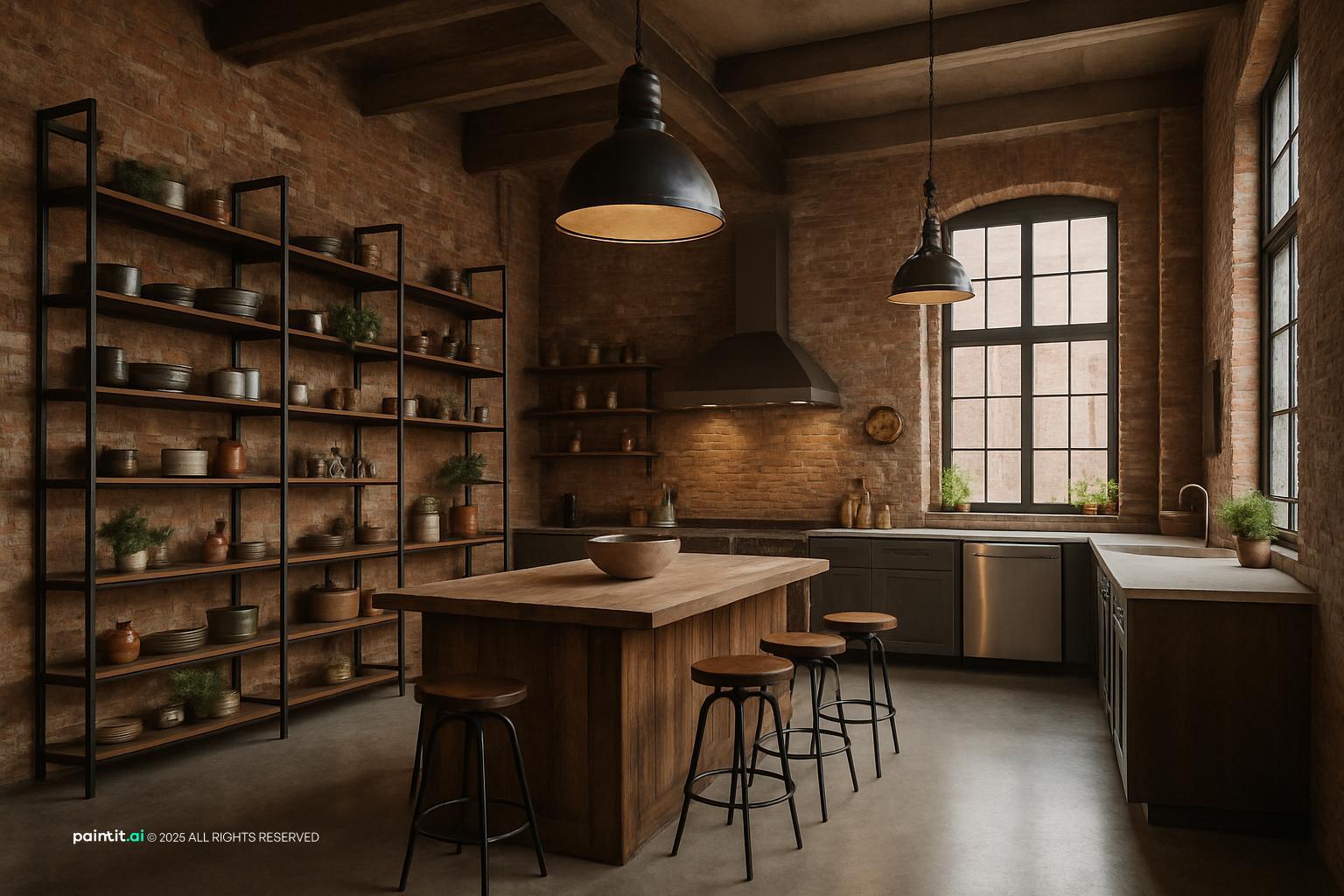 Exposed Brick Loft Kitchen with Leather Seating for New York Loft Style Interior Design