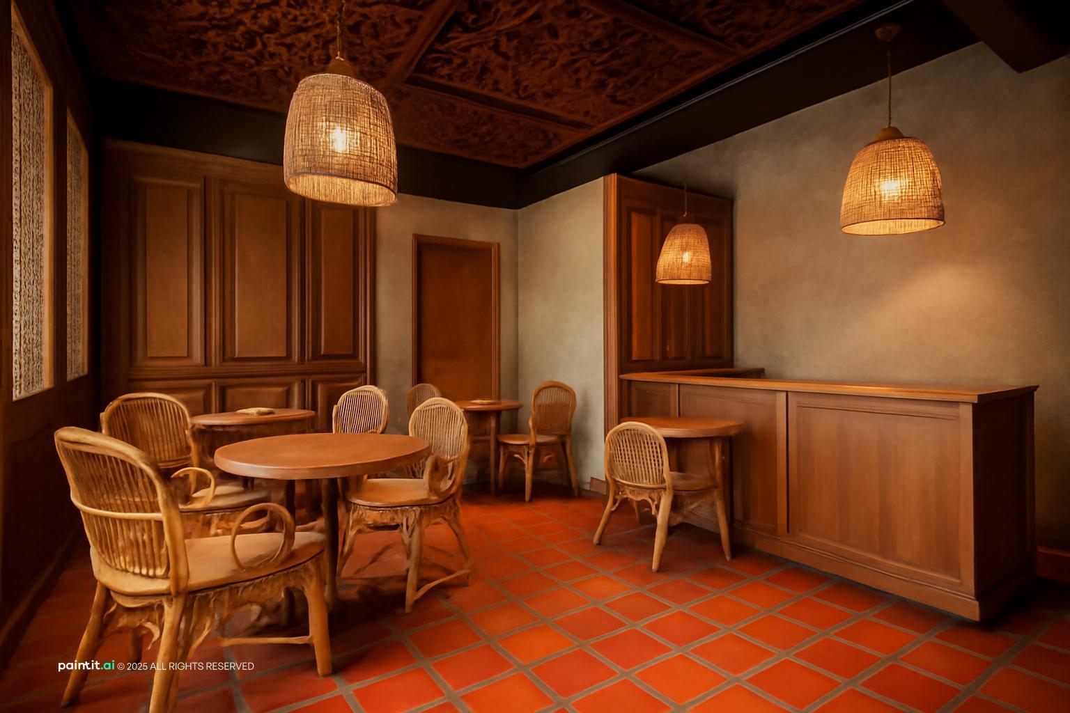 Small restaurant with a terracotta tile floor, rattan chairs, round tables and woven pendant lamps